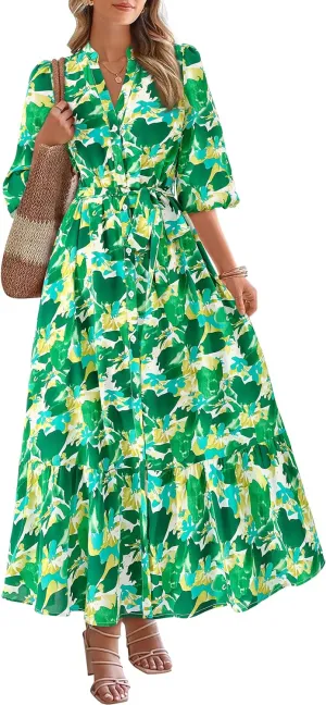 MASCOMODA Womens Floral Maxi Dresses Boho Summer Casual V Neck 3/4 Puff Sleeve Button Down Tie Waist Long Flowy Shirt Dress