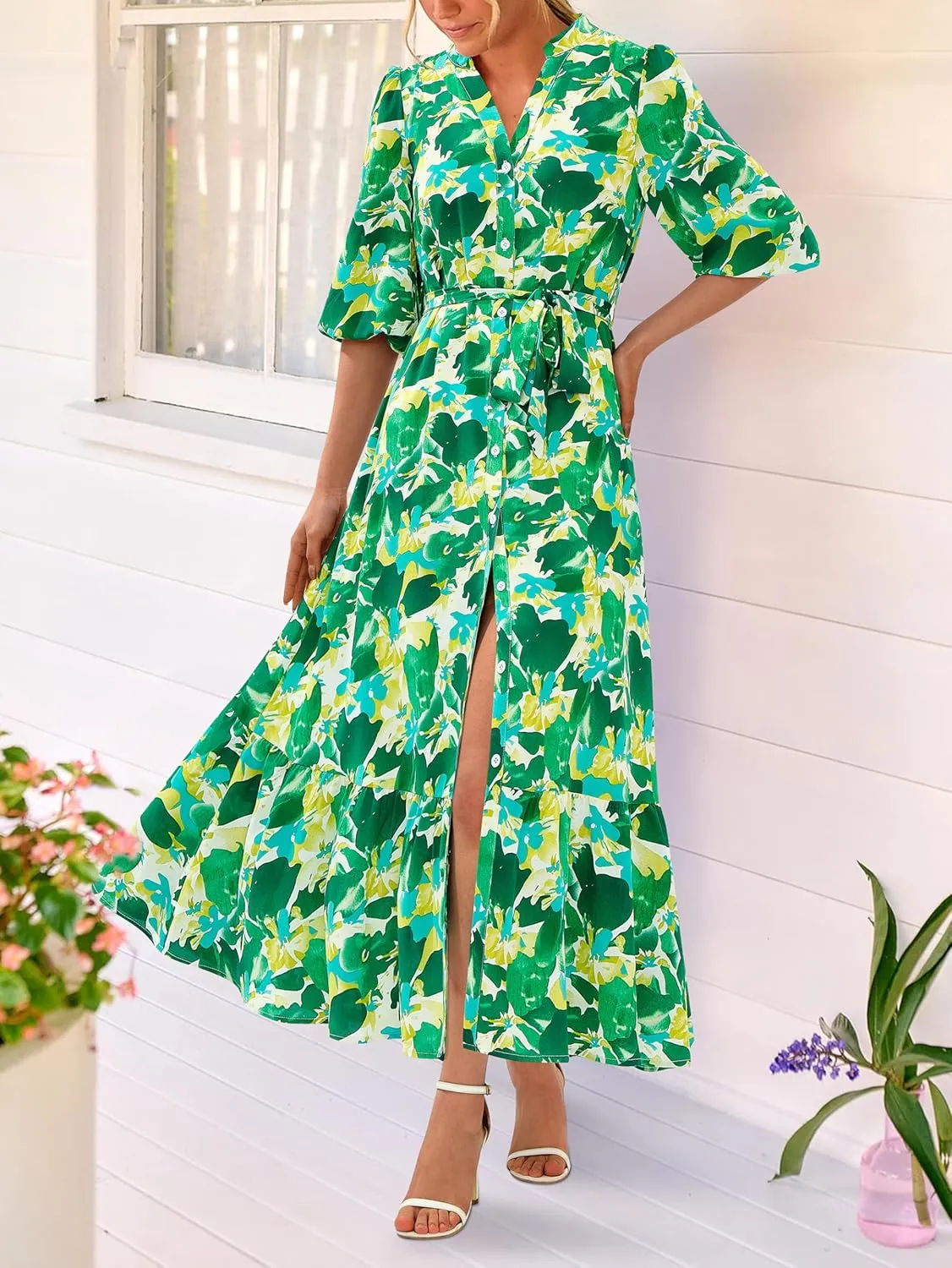 MASCOMODA Womens Floral Maxi Dresses Boho Summer Casual V Neck 3/4 Puff Sleeve Button Down Tie Waist Long Flowy Shirt Dress