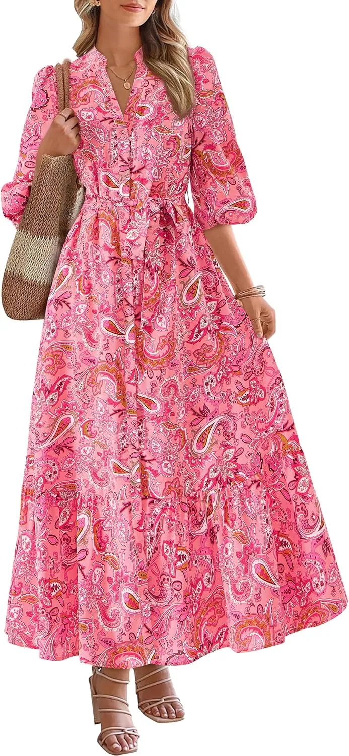 MASCOMODA Womens Floral Maxi Dresses Boho Summer Casual V Neck 3/4 Puff Sleeve Button Down Tie Waist Long Flowy Shirt Dress