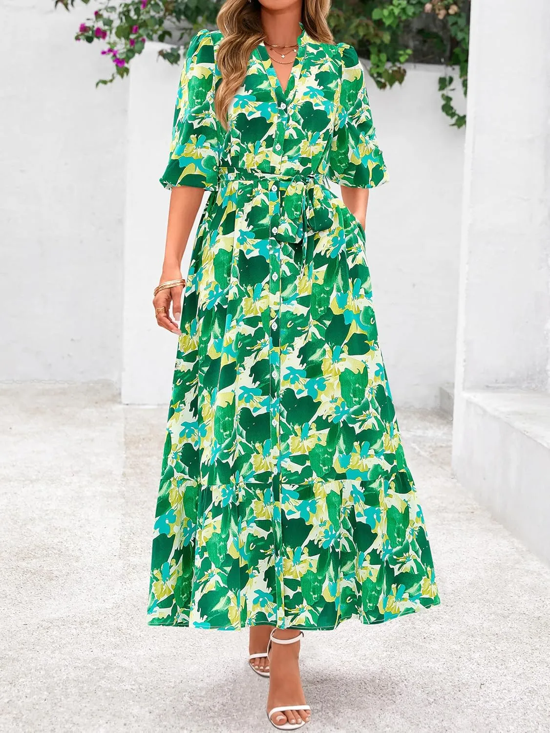 MASCOMODA Womens Floral Maxi Dresses Boho Summer Casual V Neck 3/4 Puff Sleeve Button Down Tie Waist Long Flowy Shirt Dress