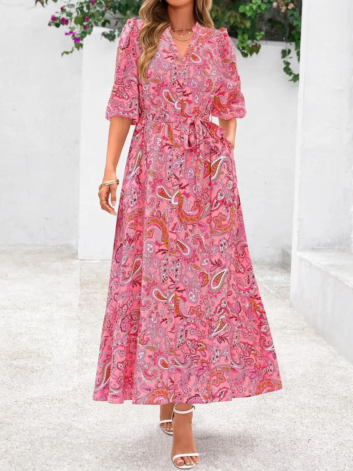 MASCOMODA Womens Floral Maxi Dresses Boho Summer Casual V Neck 3/4 Puff Sleeve Button Down Tie Waist Long Flowy Shirt Dress