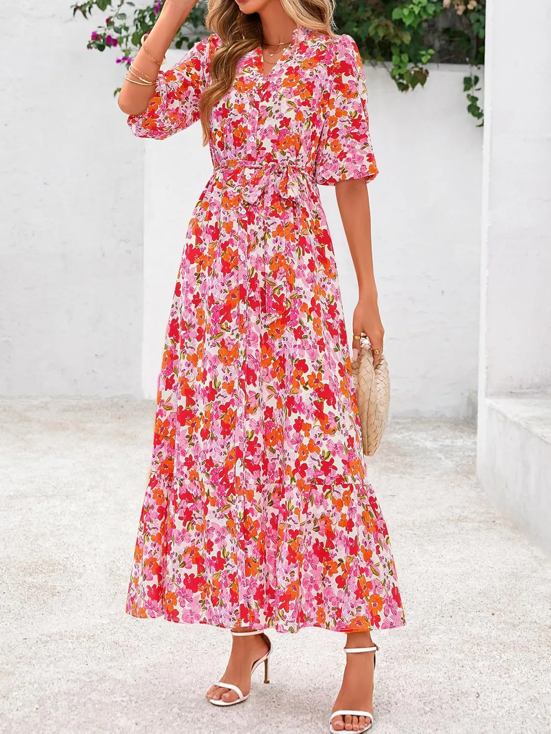 MASCOMODA Womens Floral Maxi Dresses Boho Summer Casual V Neck 3/4 Puff Sleeve Button Down Tie Waist Long Flowy Shirt Dress
