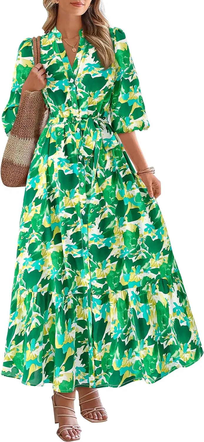 MASCOMODA Womens Floral Maxi Dresses Boho Summer Casual V Neck 3/4 Puff Sleeve Button Down Tie Waist Long Flowy Shirt Dress