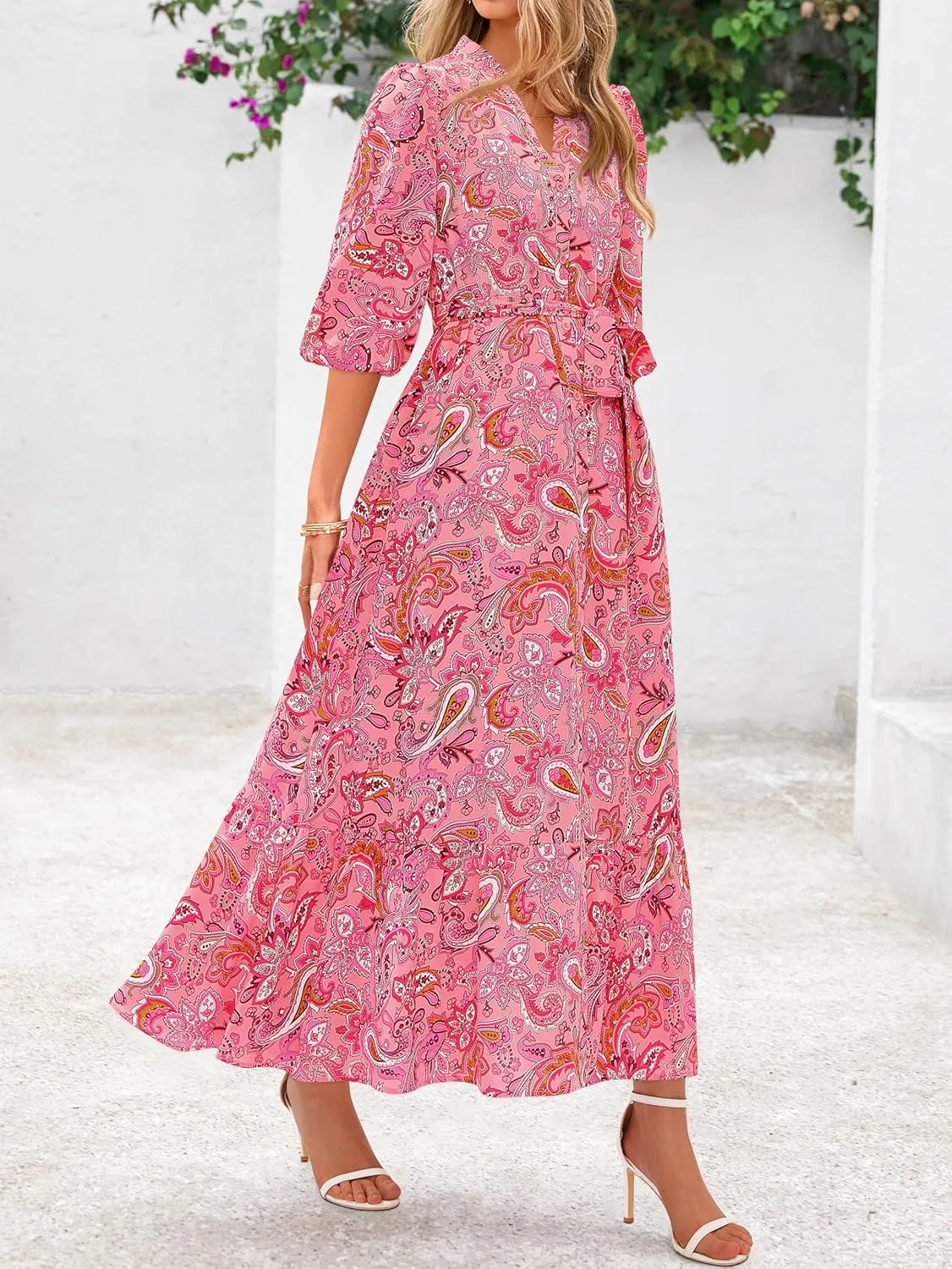 MASCOMODA Womens Floral Maxi Dresses Boho Summer Casual V Neck 3/4 Puff Sleeve Button Down Tie Waist Long Flowy Shirt Dress