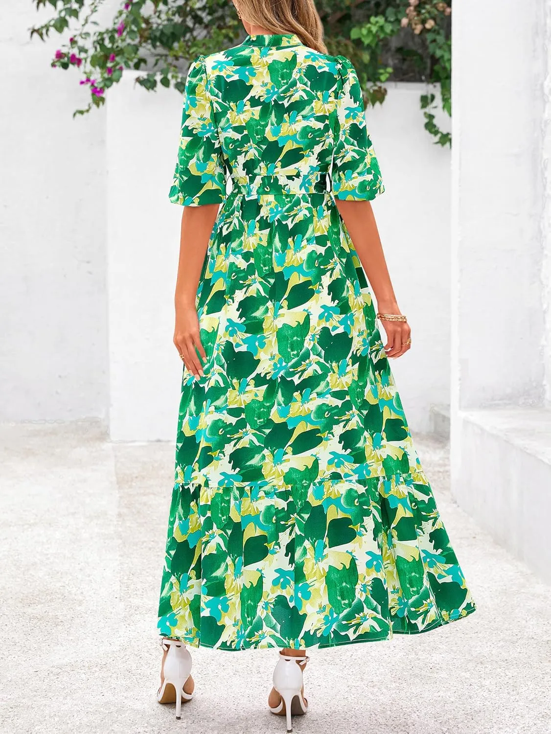 MASCOMODA Womens Floral Maxi Dresses Boho Summer Casual V Neck 3/4 Puff Sleeve Button Down Tie Waist Long Flowy Shirt Dress