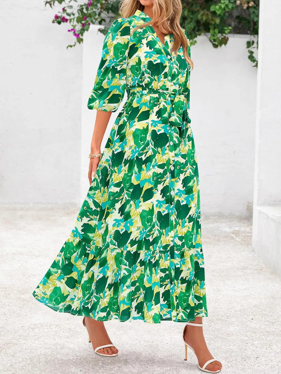 MASCOMODA Womens Floral Maxi Dresses Boho Summer Casual V Neck 3/4 Puff Sleeve Button Down Tie Waist Long Flowy Shirt Dress