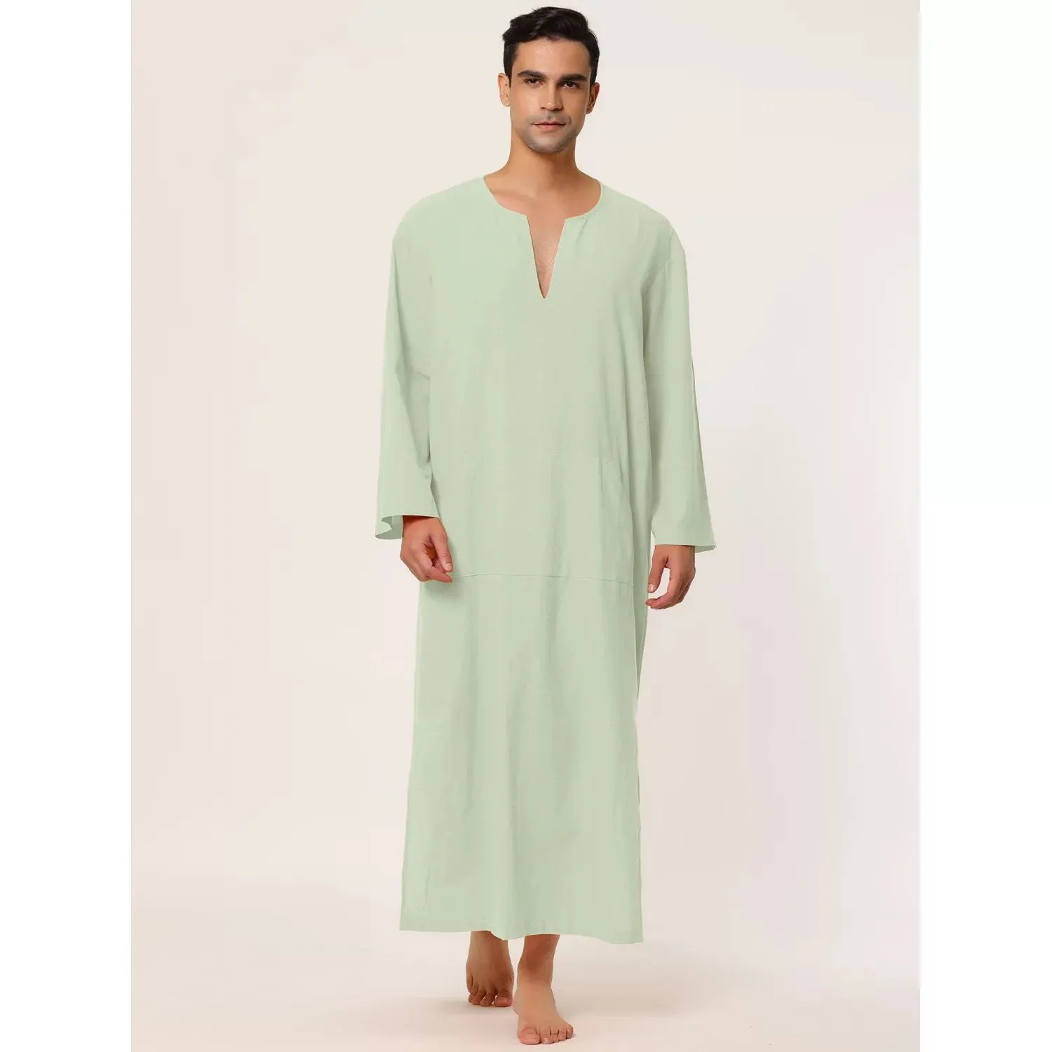 Men's pajamas, cotton sleepwear long dress with V-neck and side slit, with pocket Lars Amadeus
