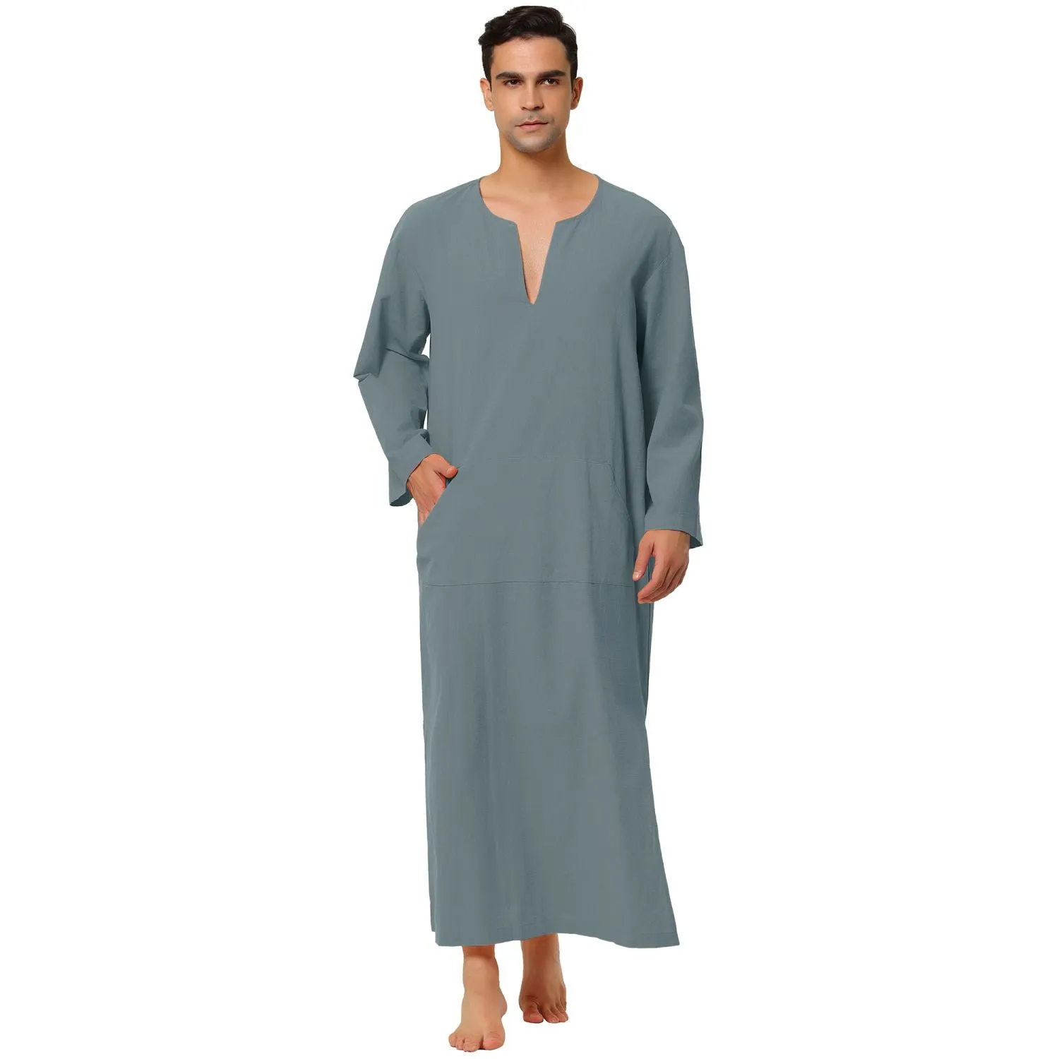 Men's pajamas, cotton sleepwear long dress with V-neck and side slit, with pocket Lars Amadeus