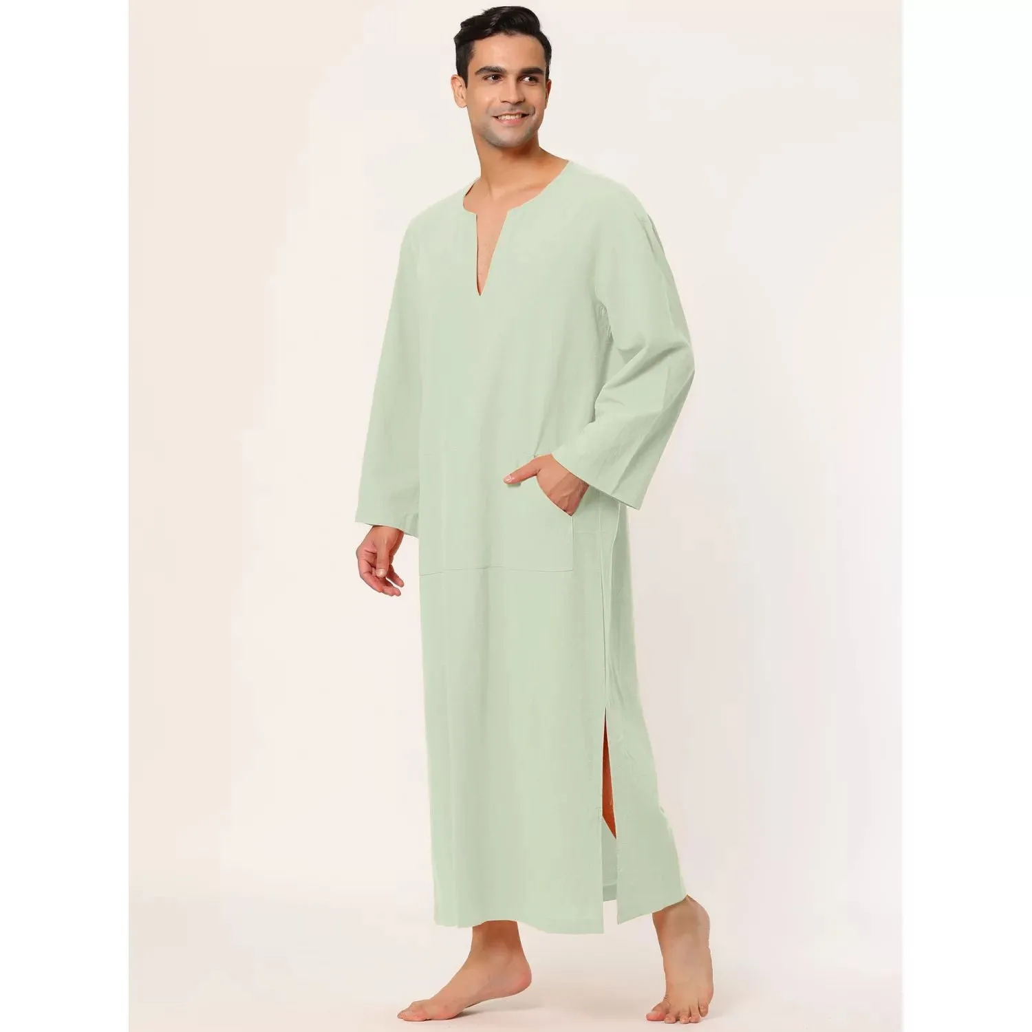 Men's pajamas, cotton sleepwear long dress with V-neck and side slit, with pocket Lars Amadeus