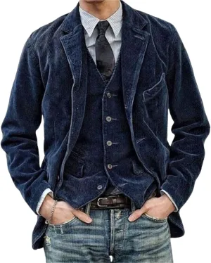 Men's Vintage Corduroy Blazer Business Casual Work Wear Corduroy Suit Jacket Long Sleeve Sport Coat Formal Blazer