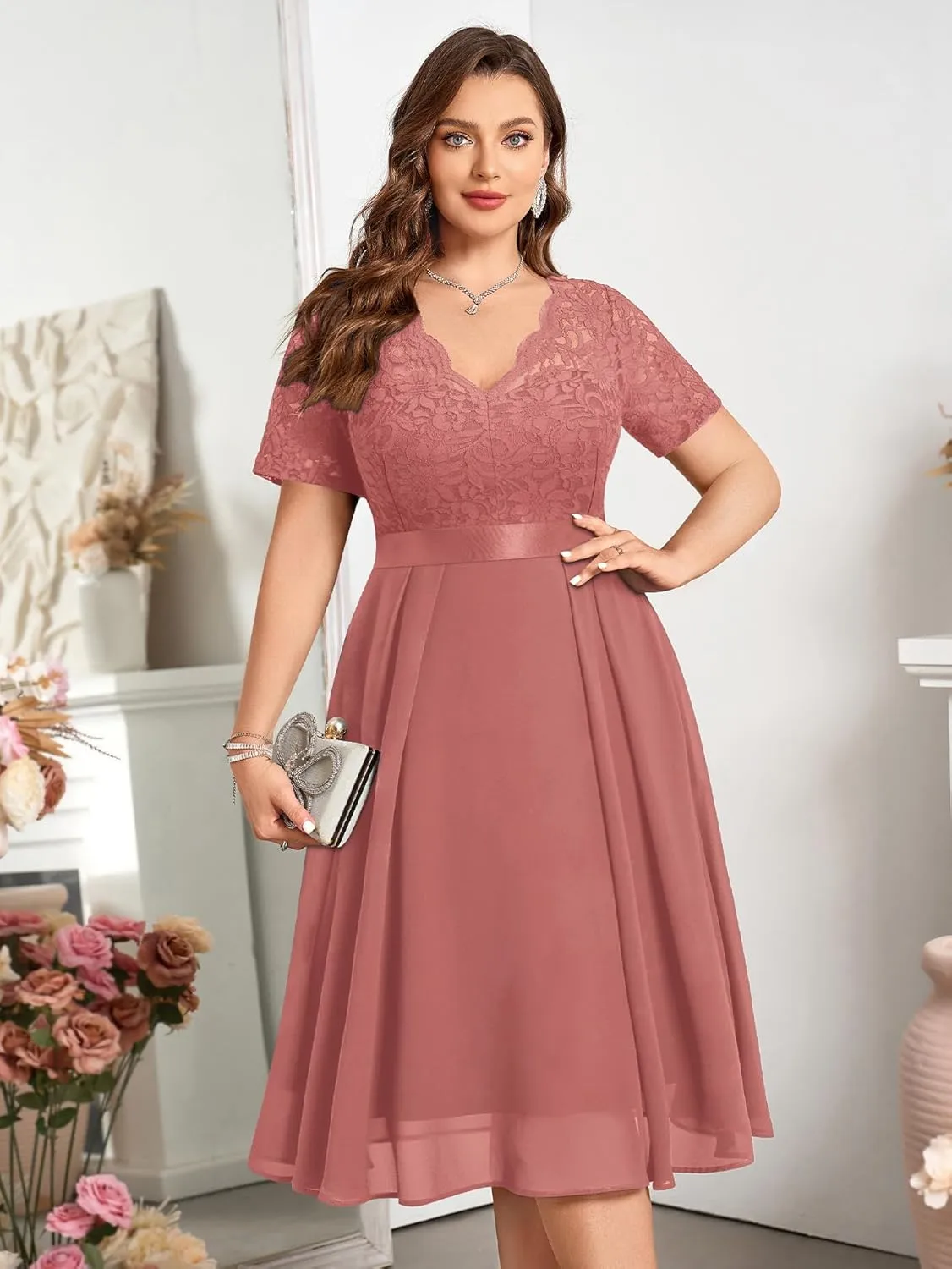 MISSMAY Women's Plus Size Lace Contrast Chiffon V Neck Flowy Cocktail Wedding Guest Midi Dress