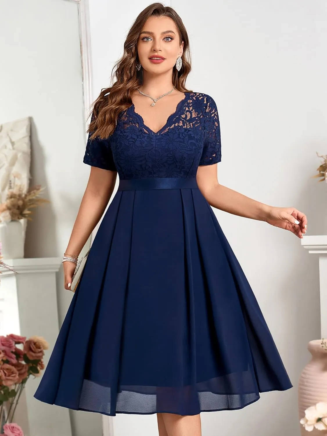 MISSMAY Women's Plus Size Lace Contrast Chiffon V Neck Flowy Cocktail Wedding Guest Midi Dress