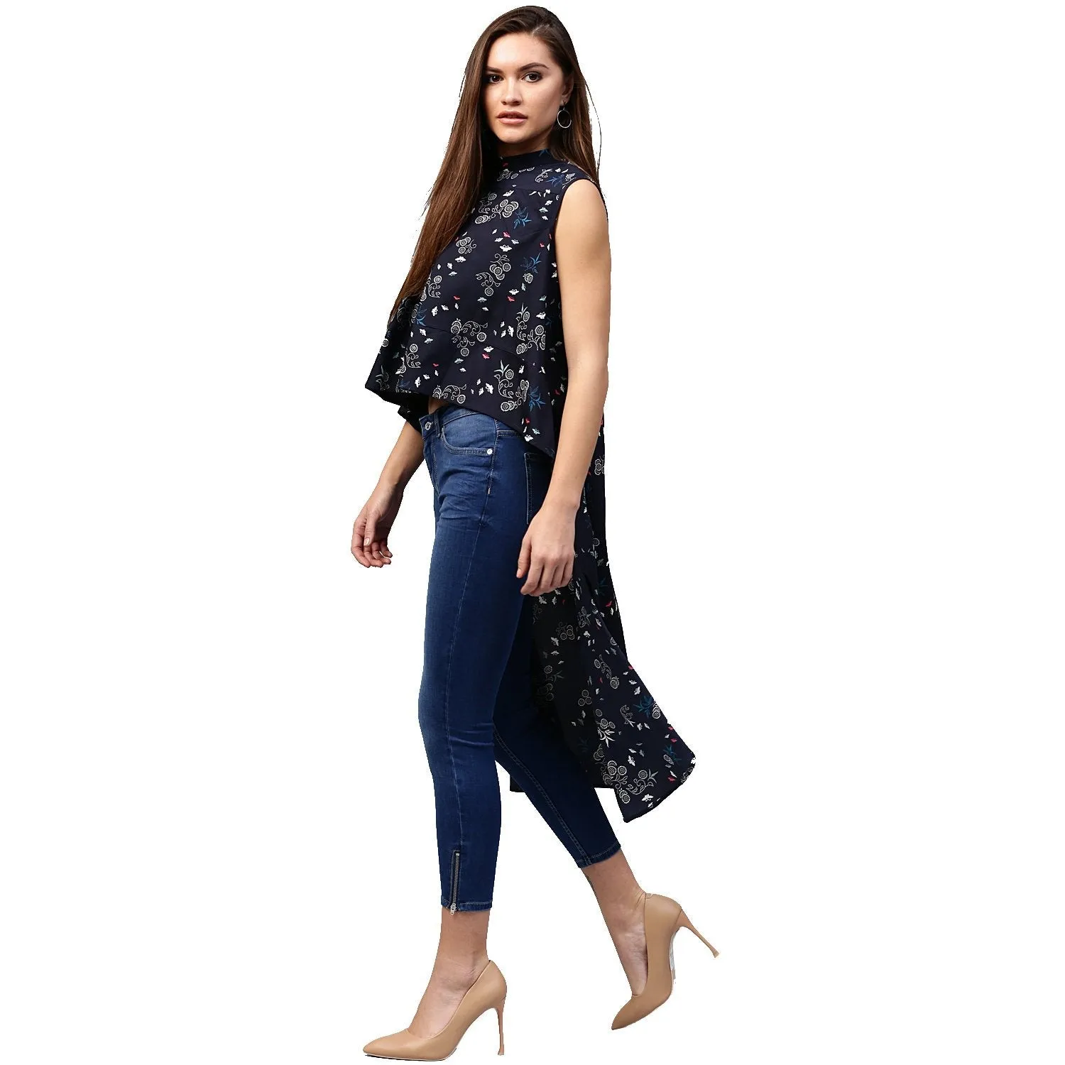 Navy Blue Printed Sleeveless Crepe Low High Tunics