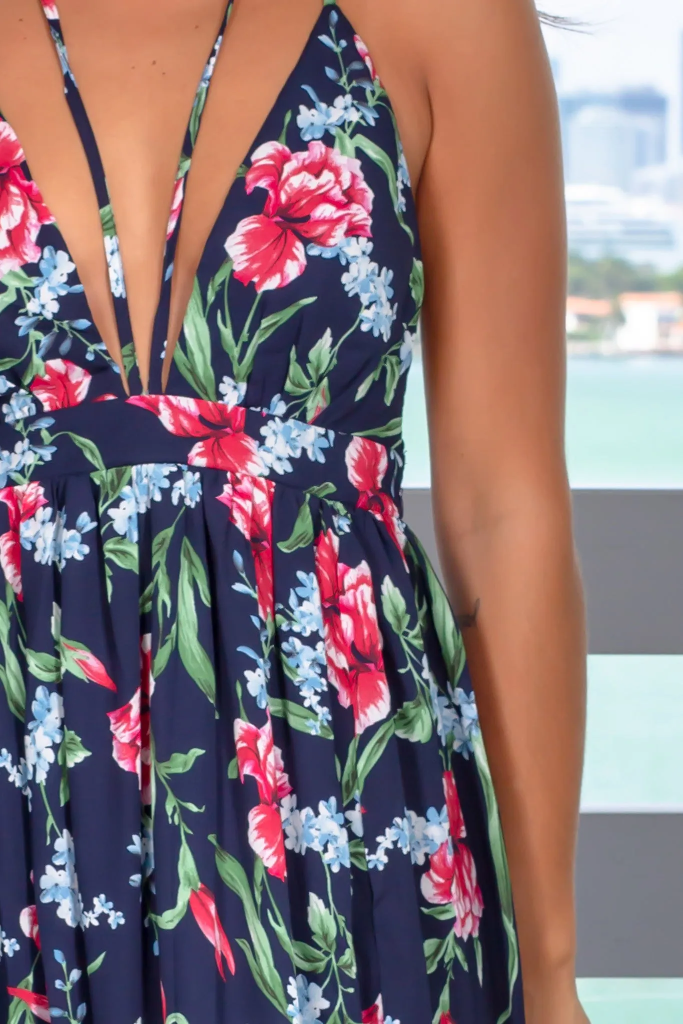 Navy Floral Printed Maxi Dress with Criss Cross Back