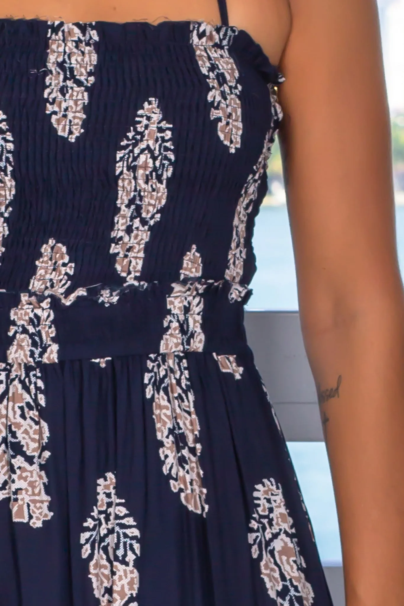 Navy Printed Halter Neck Maxi Dress