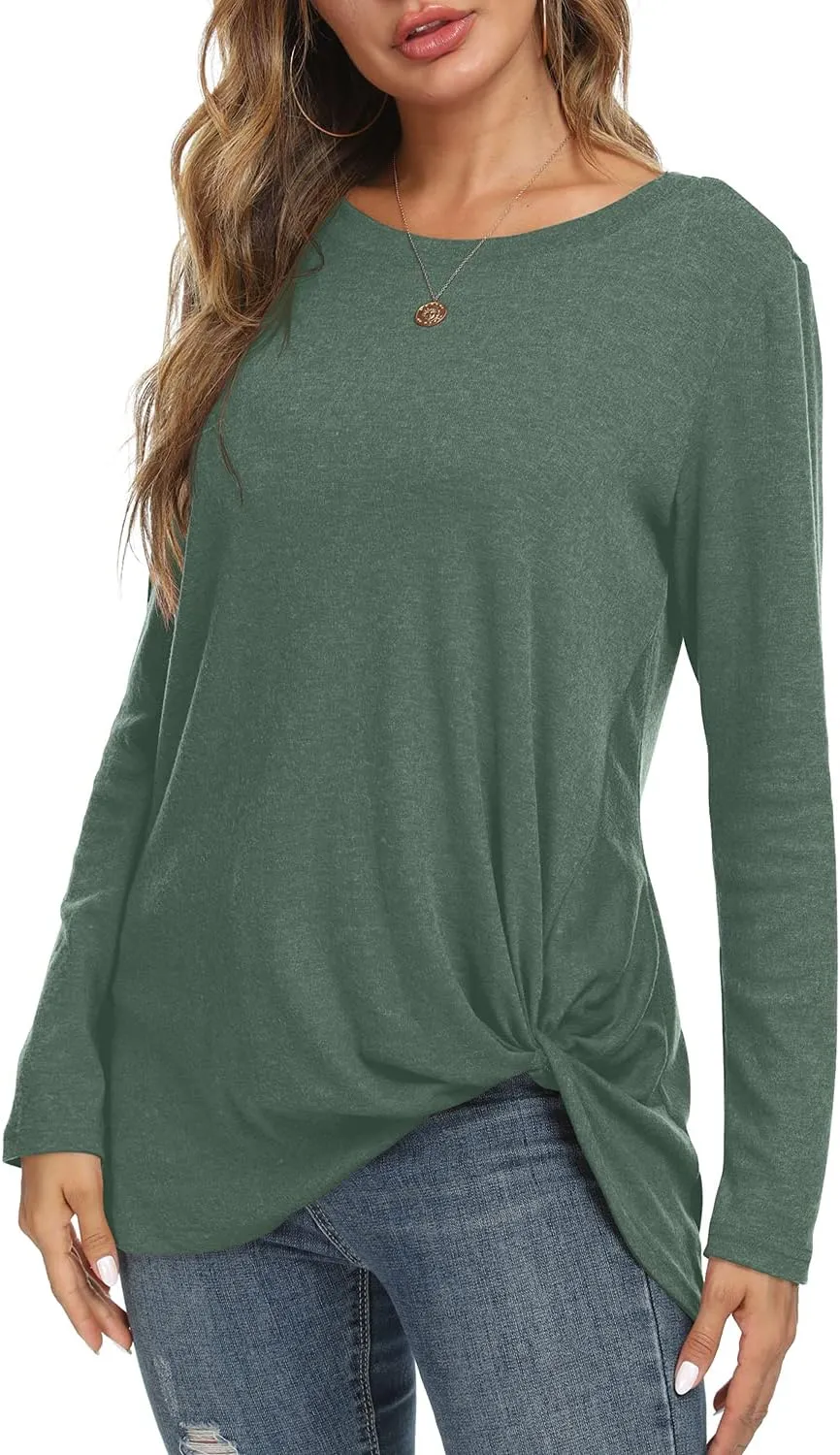 NILOUFO Womens Long Sleeve Shirts Casual Blouses Trendy Twist Knot Tunics Tops for Leggings