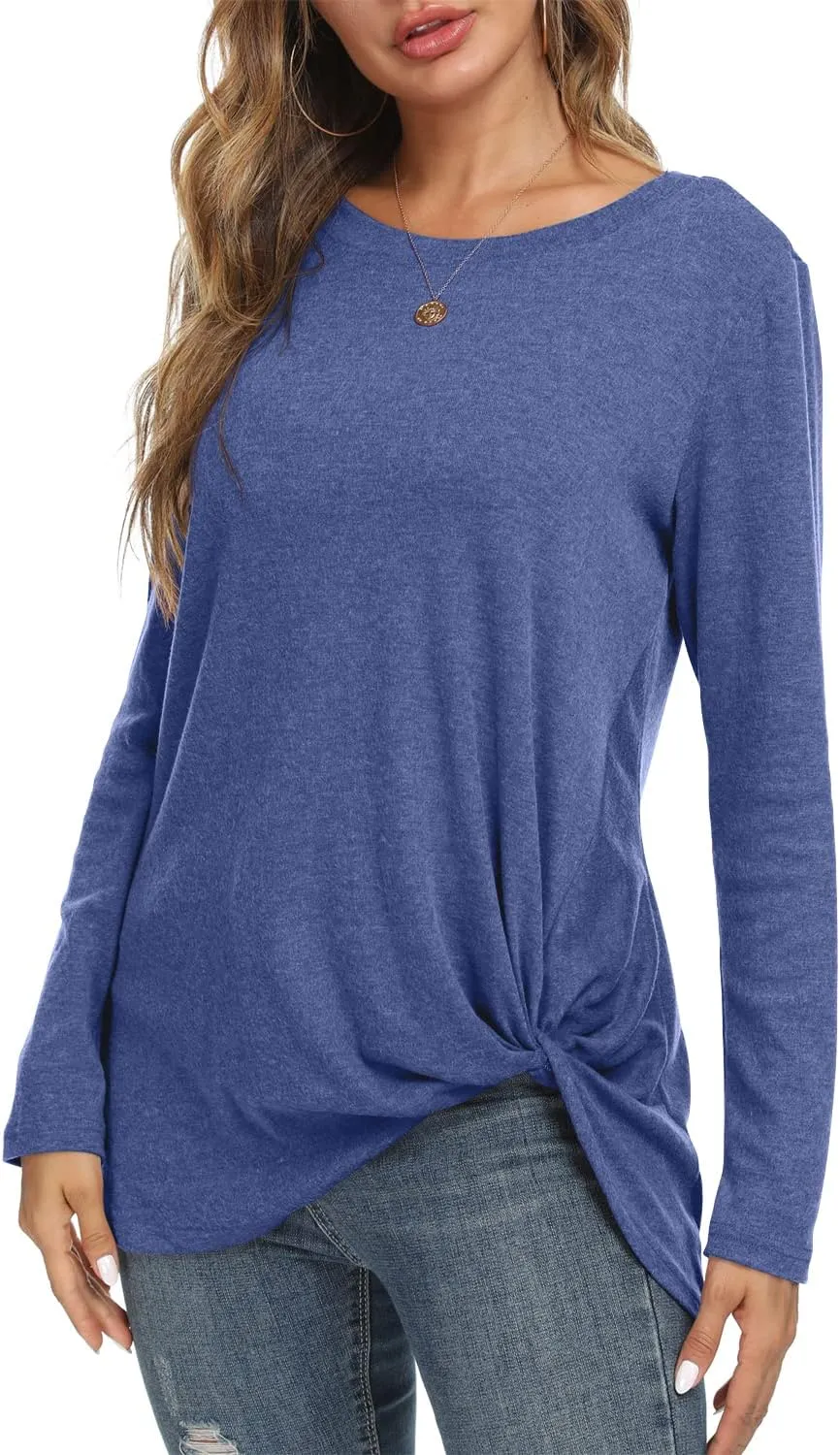 NILOUFO Womens Long Sleeve Shirts Casual Blouses Trendy Twist Knot Tunics Tops for Leggings