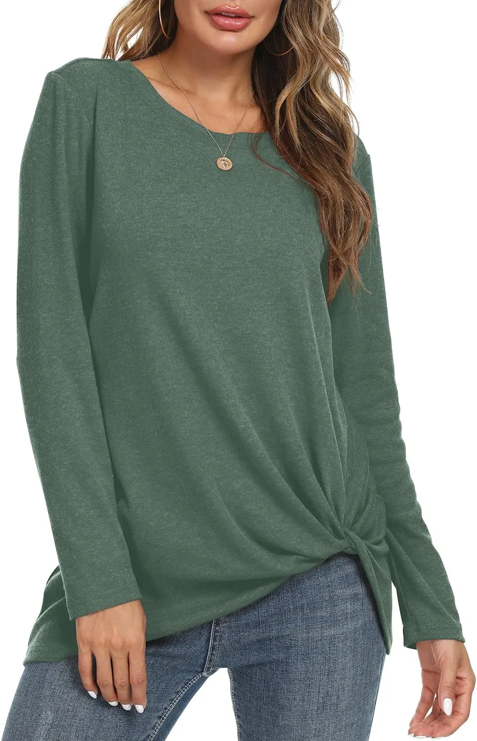 NILOUFO Womens Long Sleeve Shirts Casual Blouses Trendy Twist Knot Tunics Tops for Leggings