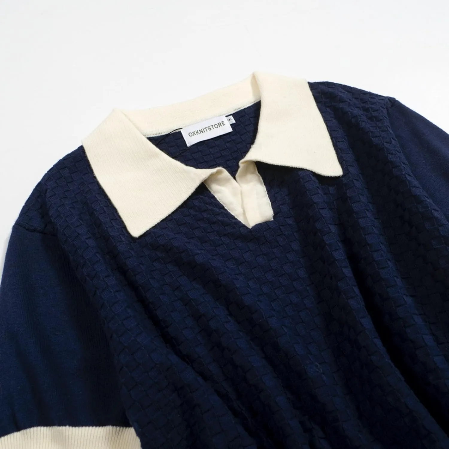 OXKNIT Mens Knit Polo Shirts Short Sleeve Textured Dark Blue Polo Shirt Casual Shirts with White Collared