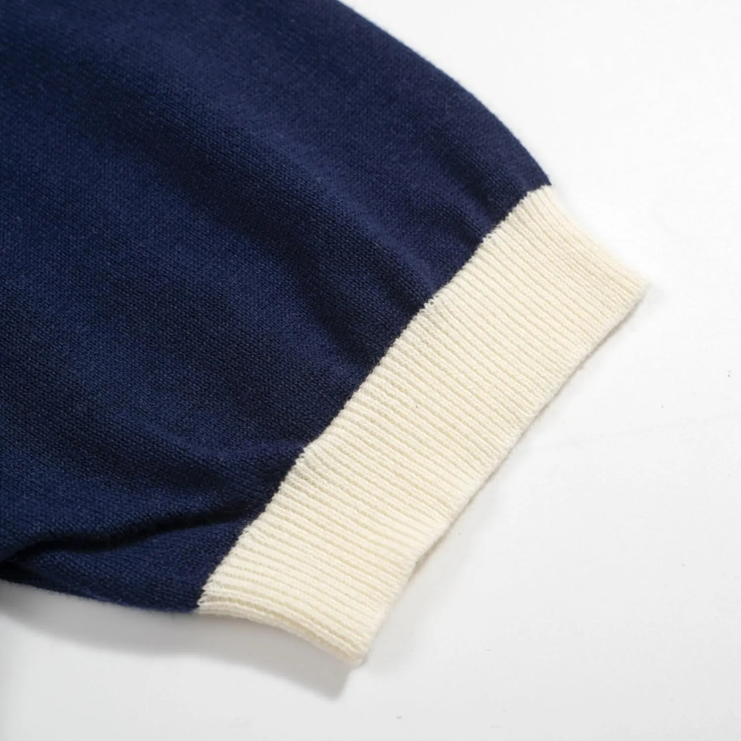 OXKNIT Mens Knit Polo Shirts Short Sleeve Textured Dark Blue Polo Shirt Casual Shirts with White Collared