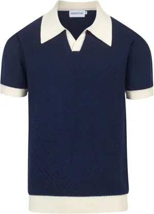OXKNIT Mens Knit Polo Shirts Short Sleeve Textured Dark Blue Polo Shirt Casual Shirts with White Collared