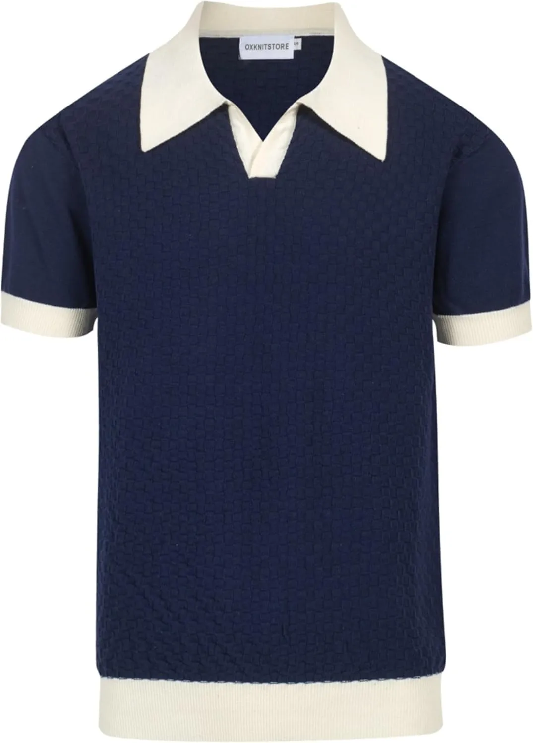 OXKNIT Mens Knit Polo Shirts Short Sleeve Textured Dark Blue Polo Shirt Casual Shirts with White Collared