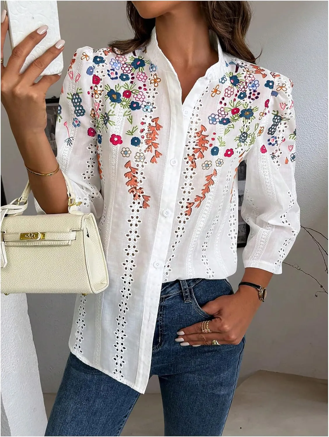 OYOANGLE Women's Floral Eyelet Embroidery Band Collared 3/4 Puff Sleeve Blouses Button Down Casual Shirts