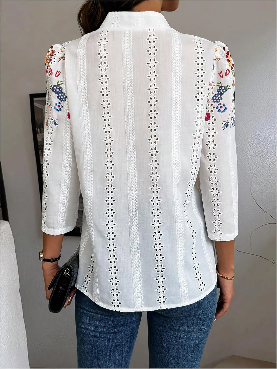 OYOANGLE Women's Floral Eyelet Embroidery Band Collared 3/4 Puff Sleeve Blouses Button Down Casual Shirts