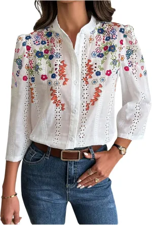 OYOANGLE Women's Floral Eyelet Embroidery Band Collared 3/4 Puff Sleeve Blouses Button Down Casual Shirts