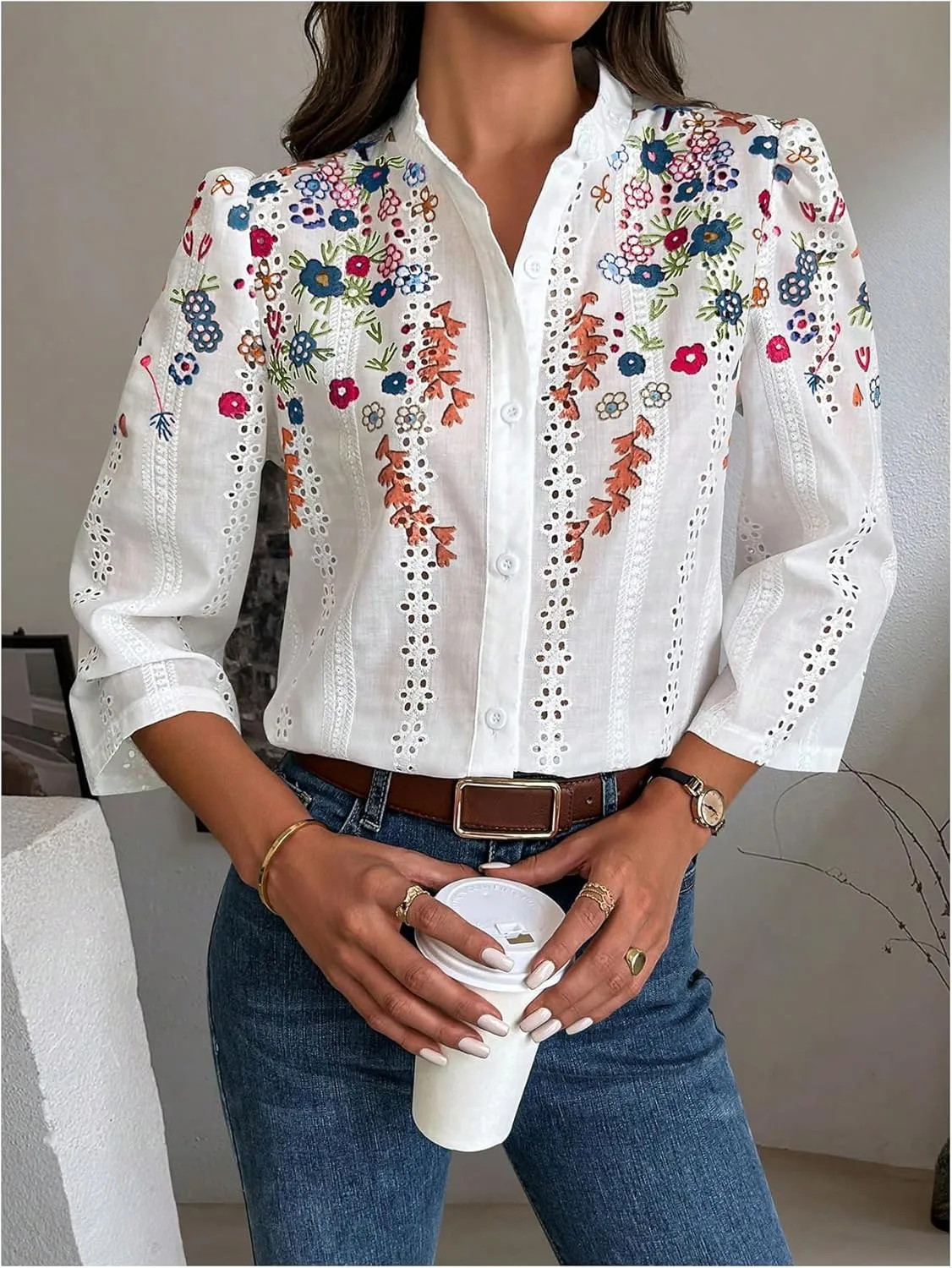 OYOANGLE Women's Floral Eyelet Embroidery Band Collared 3/4 Puff Sleeve Blouses Button Down Casual Shirts