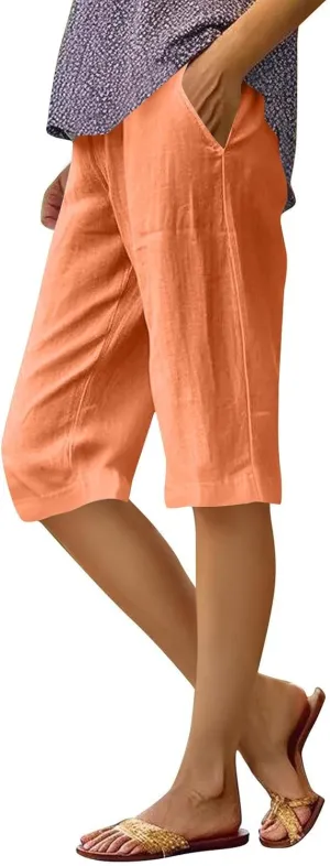 Pedal Pushers for Women Summer Pull On Bermuda Cotton Linen Shorts Knee Length Casual Beach Yoga Shorts with Pockets