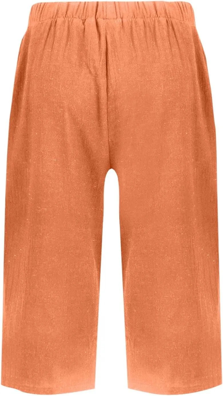 Pedal Pushers for Women Summer Pull On Bermuda Cotton Linen Shorts Knee Length Casual Beach Yoga Shorts with Pockets