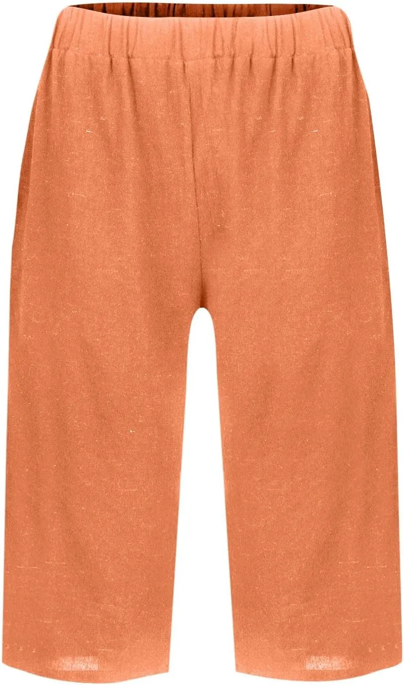 Pedal Pushers for Women Summer Pull On Bermuda Cotton Linen Shorts Knee Length Casual Beach Yoga Shorts with Pockets