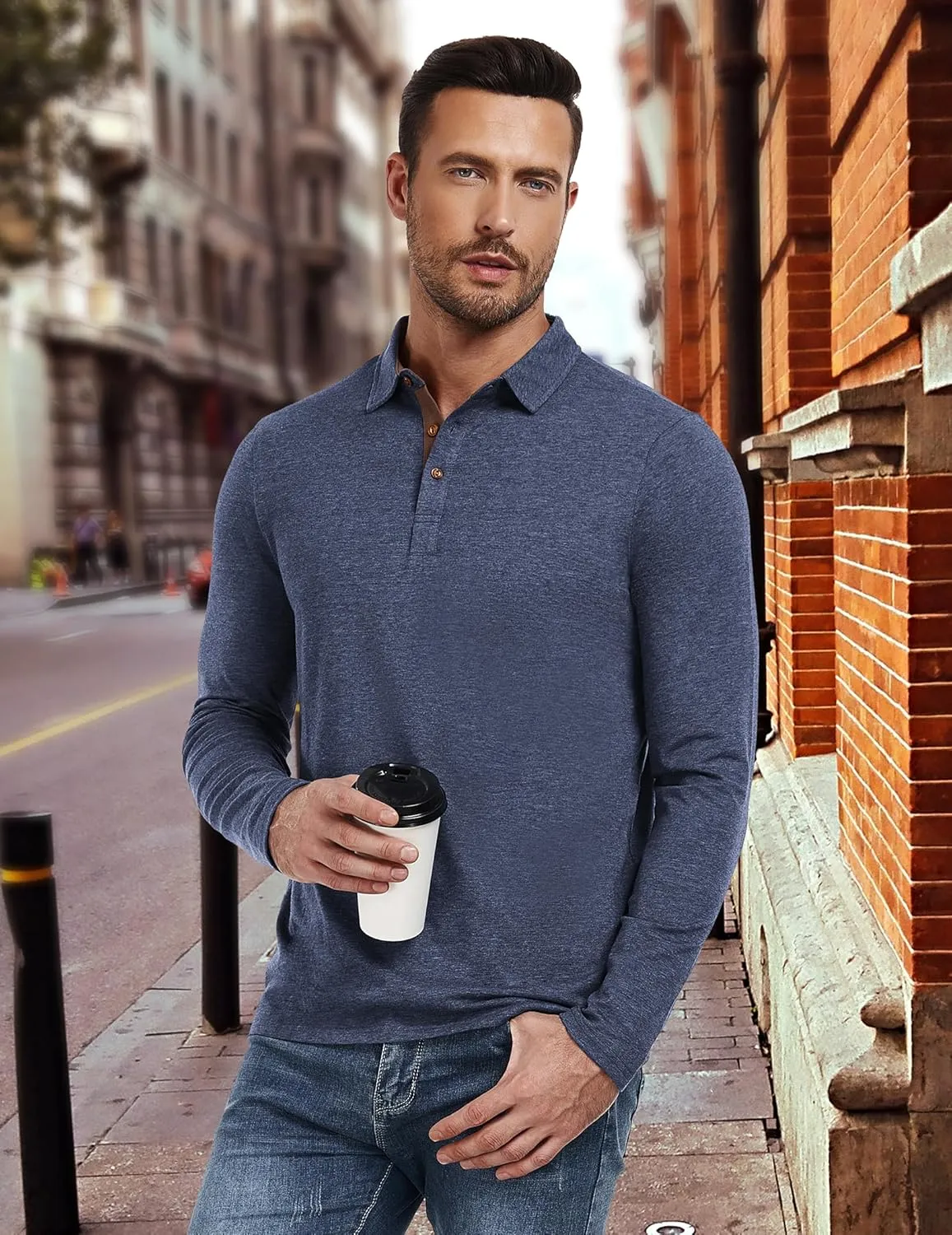 PEGENO Mens Polo Short/Long Sleeve Shirt Classic Button Basic Solid Color Designed Collared Polo Shirt Fashion Casual Shirts