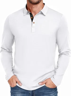 PEGENO Mens Polo Short/Long Sleeve Shirt Classic Button Basic Solid Color Designed Collared Polo Shirt Fashion Casual Shirts