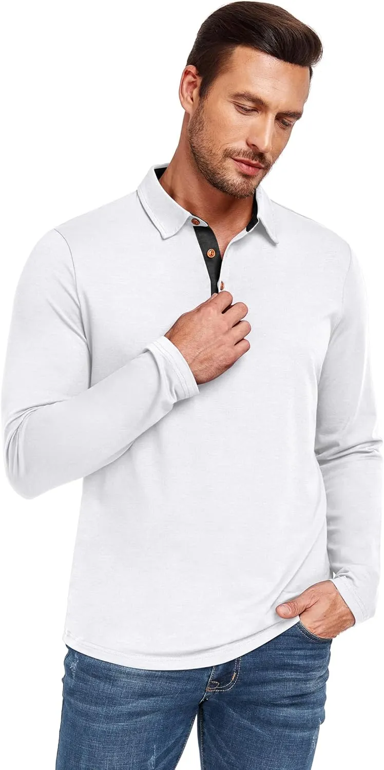PEGENO Mens Polo Short/Long Sleeve Shirt Classic Button Basic Solid Color Designed Collared Polo Shirt Fashion Casual Shirts