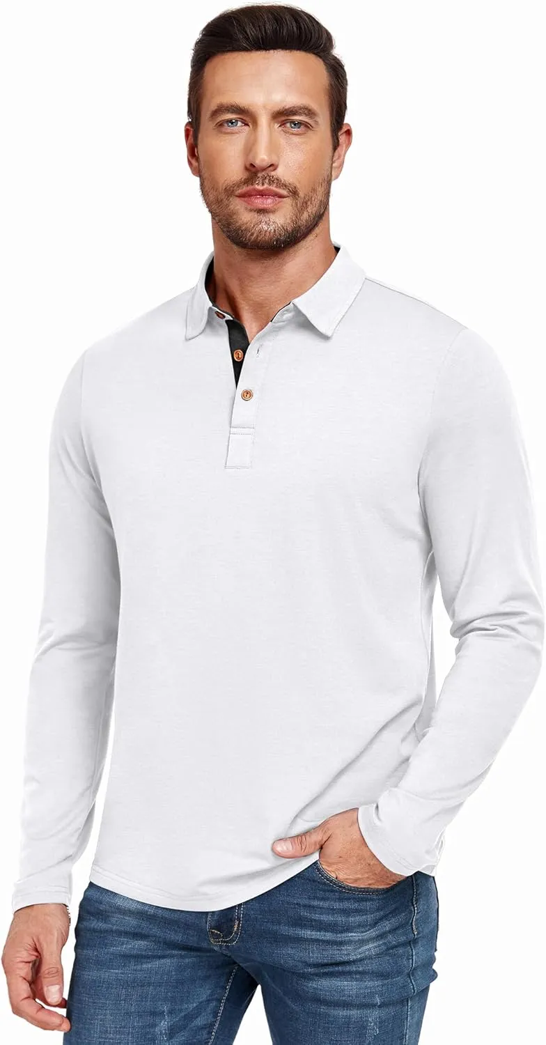 PEGENO Mens Polo Short/Long Sleeve Shirt Classic Button Basic Solid Color Designed Collared Polo Shirt Fashion Casual Shirts
