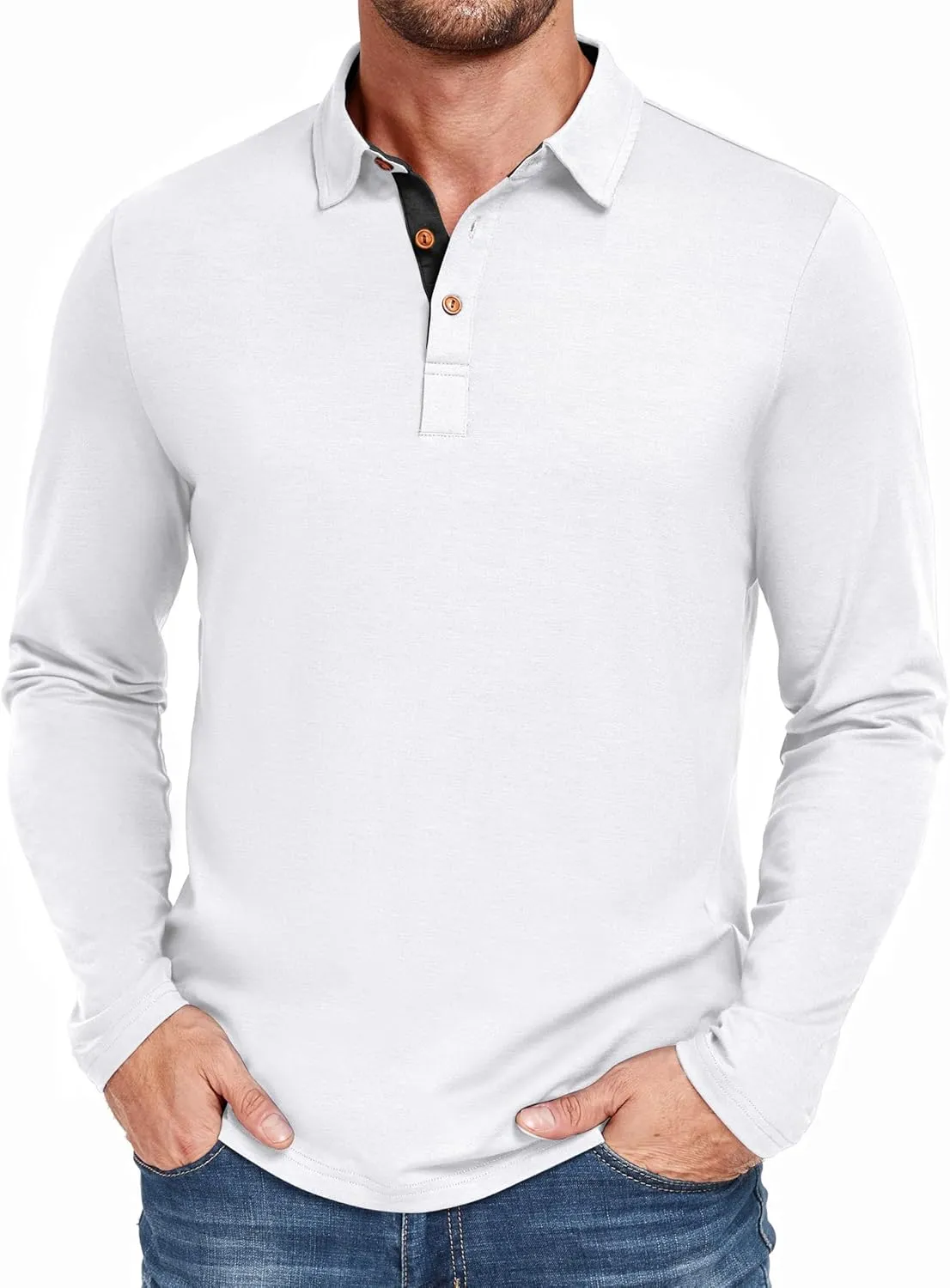 PEGENO Mens Polo Short/Long Sleeve Shirt Classic Button Basic Solid Color Designed Collared Polo Shirt Fashion Casual Shirts