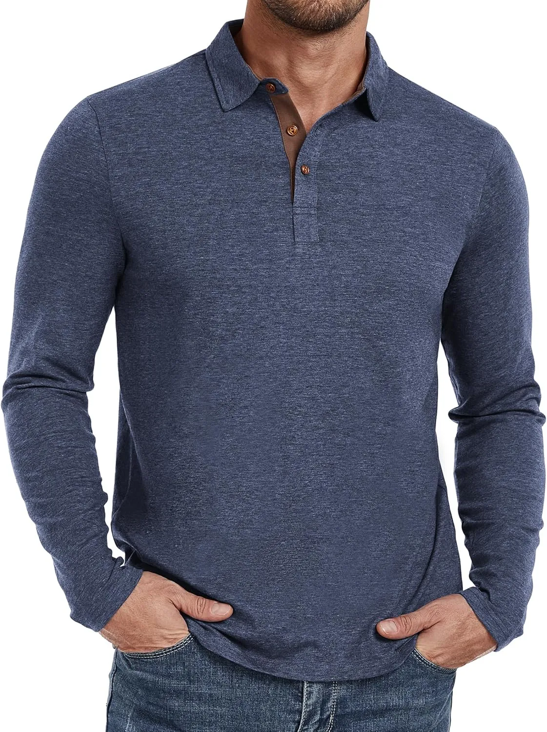 PEGENO Mens Polo Short/Long Sleeve Shirt Classic Button Basic Solid Color Designed Collared Polo Shirt Fashion Casual Shirts