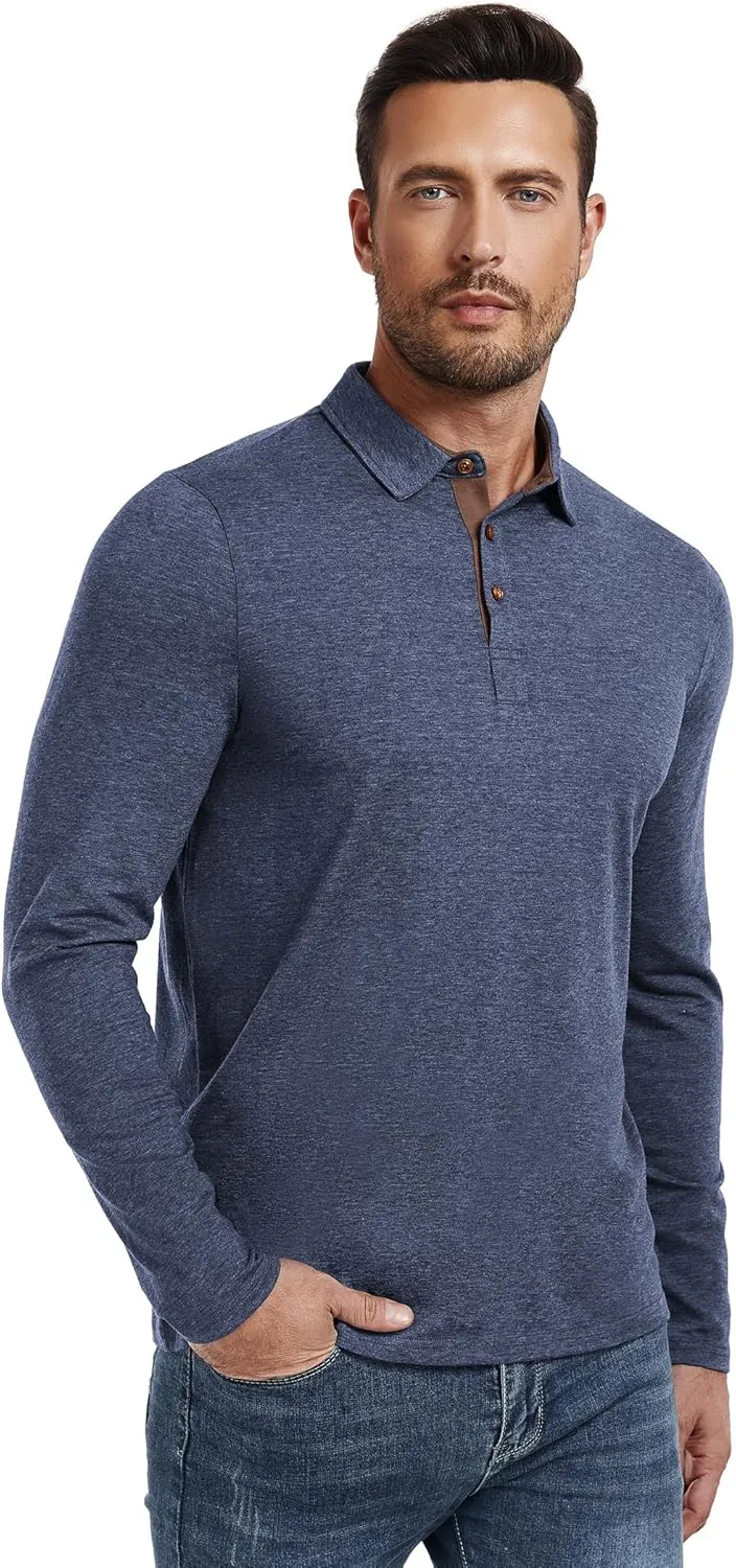 PEGENO Mens Polo Short/Long Sleeve Shirt Classic Button Basic Solid Color Designed Collared Polo Shirt Fashion Casual Shirts