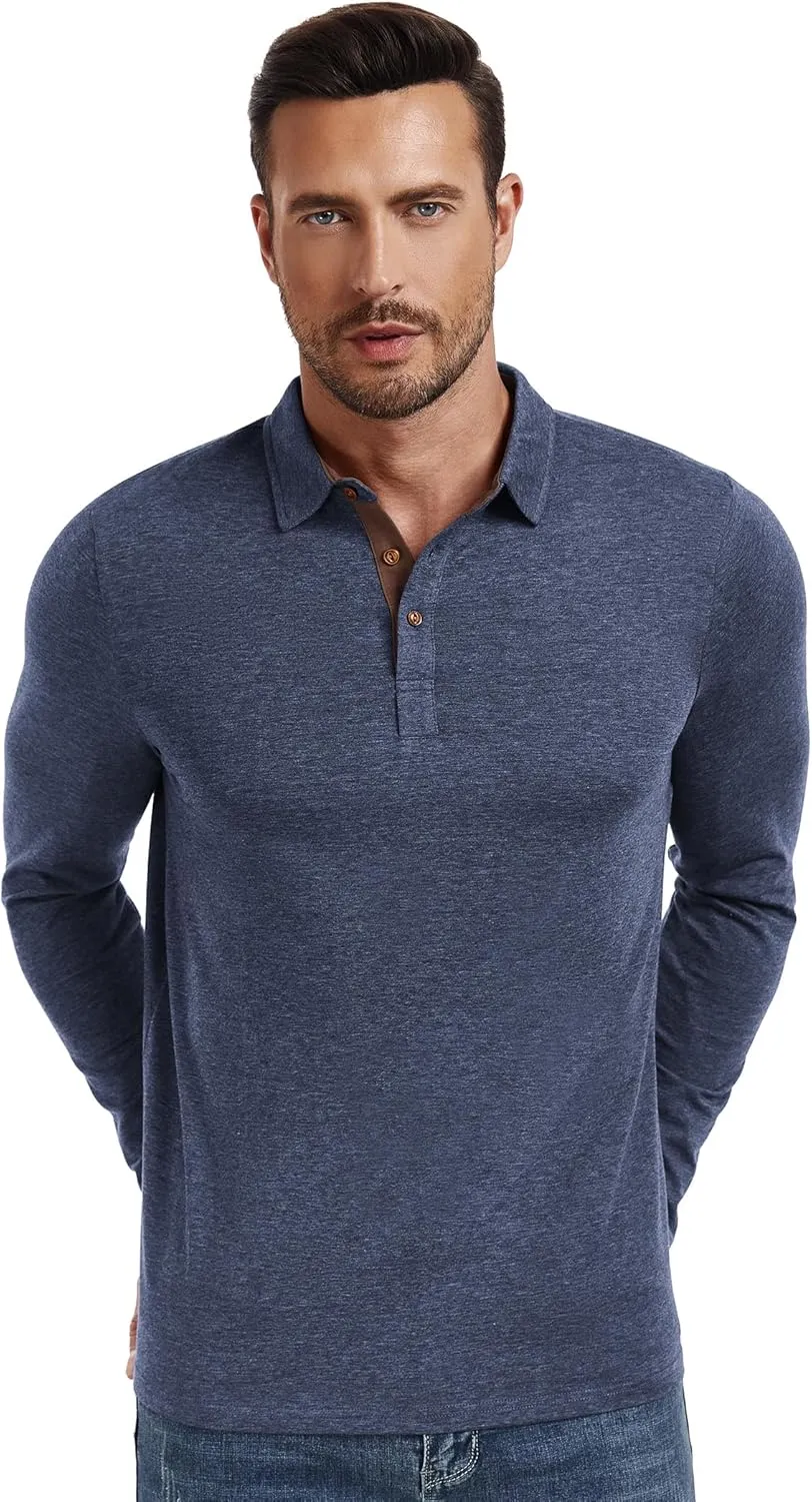 PEGENO Mens Polo Short/Long Sleeve Shirt Classic Button Basic Solid Color Designed Collared Polo Shirt Fashion Casual Shirts