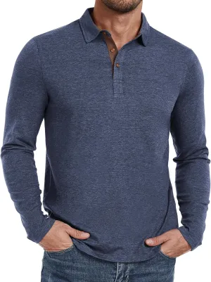 PEGENO Mens Polo Short/Long Sleeve Shirt Classic Button Basic Solid Color Designed Collared Polo Shirt Fashion Casual Shirts