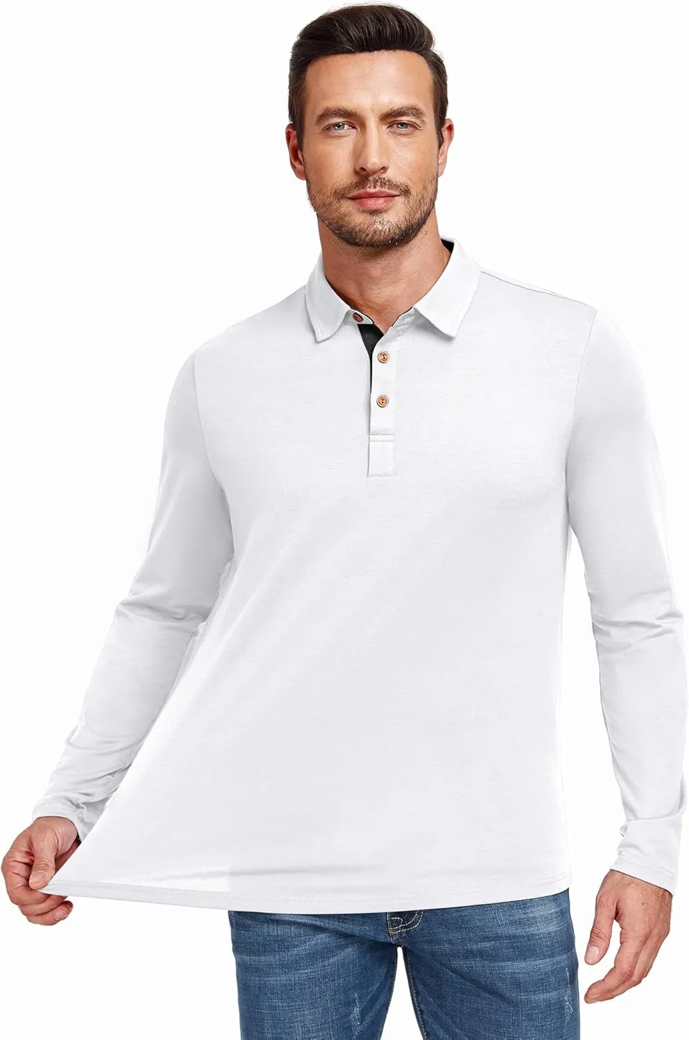 PEGENO Mens Polo Short/Long Sleeve Shirt Classic Button Basic Solid Color Designed Collared Polo Shirt Fashion Casual Shirts