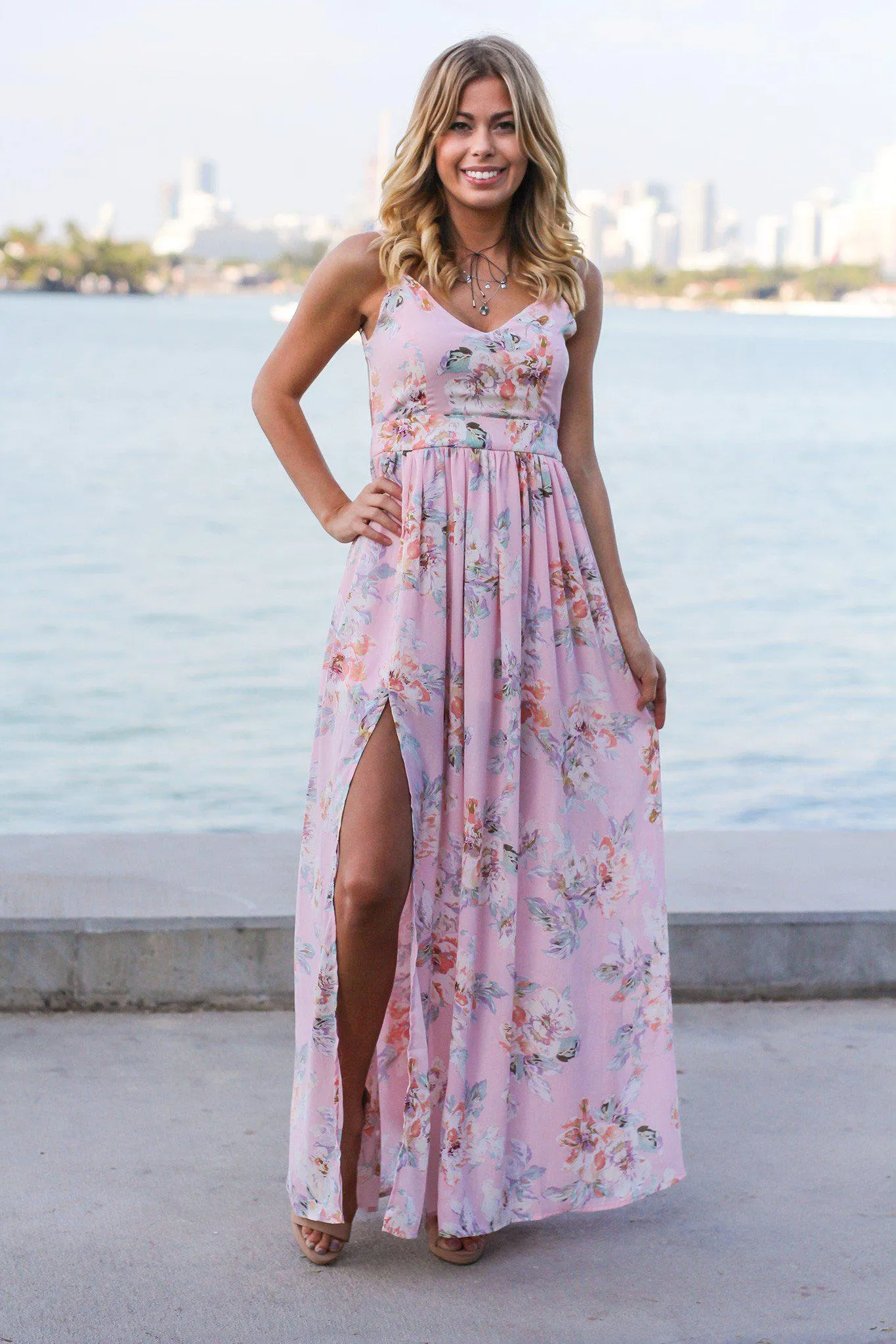 Pink Floral Maxi Dress with Open Back and Side Slit