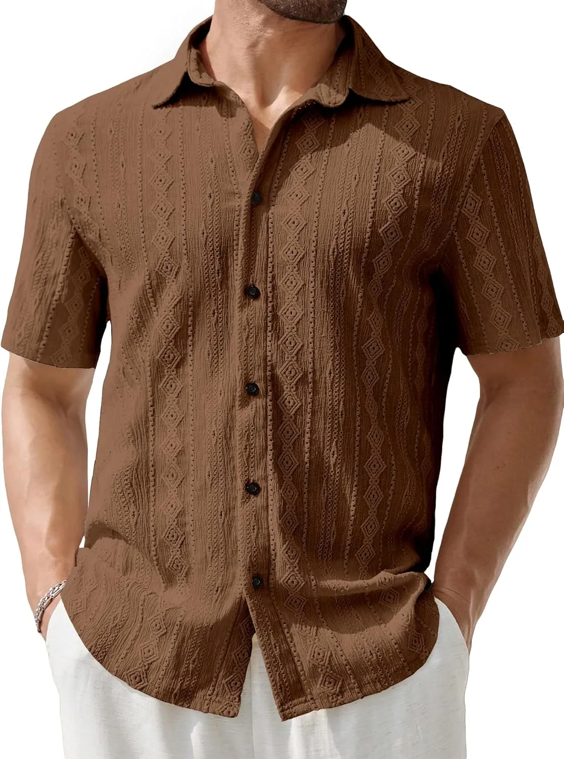 PLEPAN Men's Beach Casual Shirts Button Down Shirts Short Sleeve Tropical Summer Vacation Shirts with Vintage Striped