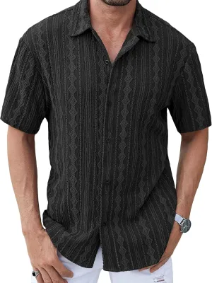 PLEPAN Men's Beach Casual Shirts Button Down Shirts Short Sleeve Tropical Summer Vacation Shirts with Vintage Striped