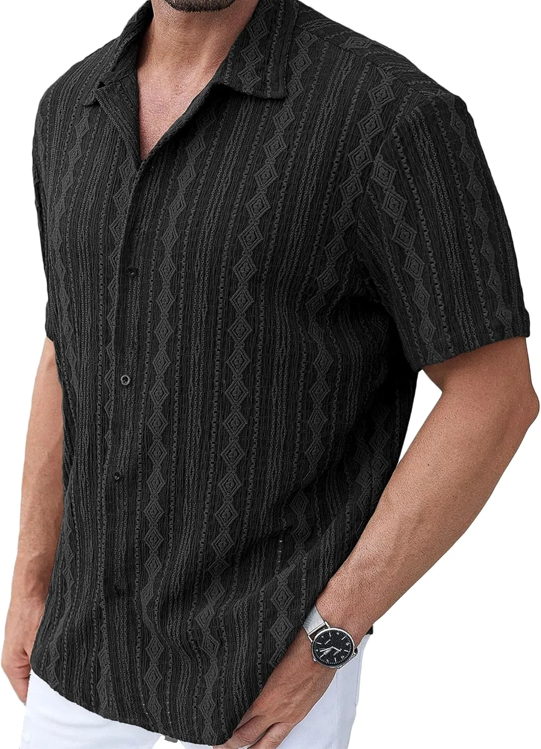 PLEPAN Men's Beach Casual Shirts Button Down Shirts Short Sleeve Tropical Summer Vacation Shirts with Vintage Striped