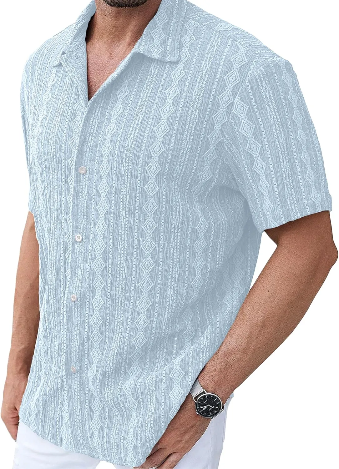 PLEPAN Men's Beach Casual Shirts Button Down Shirts Short Sleeve Tropical Summer Vacation Shirts with Vintage Striped