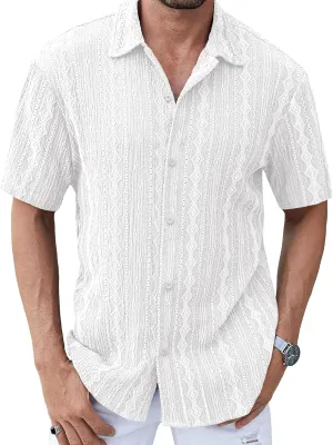 PLEPAN Men's Beach Casual Shirts Button Down Shirts Short Sleeve Tropical Summer Vacation Shirts with Vintage Striped