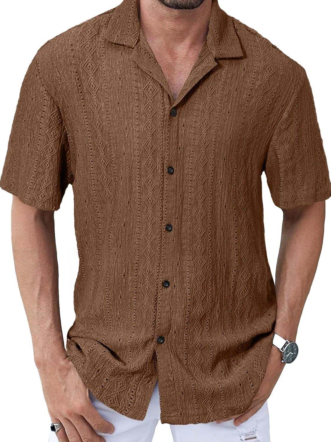 PLEPAN Men's Beach Casual Shirts Button Down Shirts Short Sleeve Tropical Summer Vacation Shirts with Vintage Striped